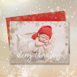 Gold Snowflakes Christmas Photo Birth Announcement<br><div class="desc">Gold snowflakes border your baby's photo on these Christmas holiday birth announcements that also feature Merry Christmas in white,  your family name in chic lettering and your baby's birth info on the back. ***VERTICAL layout done in our store. Select High Definition for best photo quality.</div>