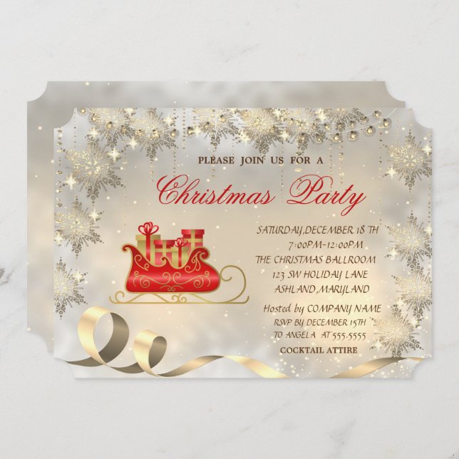 Gold Snowflakes,Christmas Sleigh Party  Invitation (Front/Back)