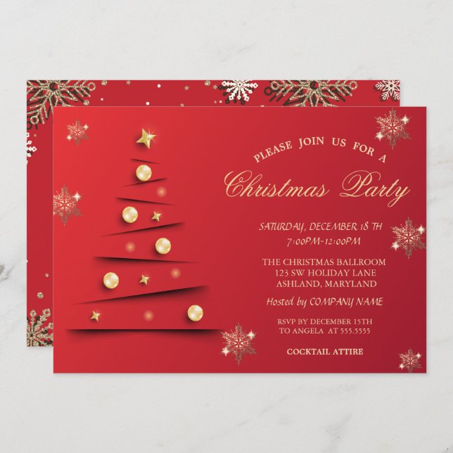 Gold Snowflakes,Christmas Tree Balls Company  Invitation (Front/Back)