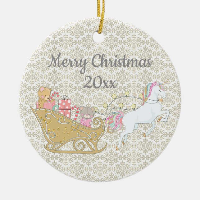 Gold Snowflakes Christmas Unicorn Santa's Sleigh Ceramic Tree Decoration (Front)
