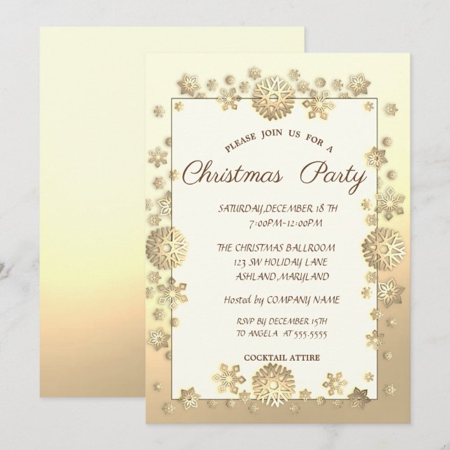 Gold Snowflakes  Corporate Christmas Party Invitation (Front/Back)