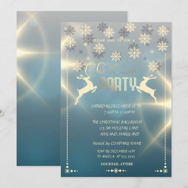 Gold Snowflakes, Deers Company Christmas Party Invitation (Front/Back)