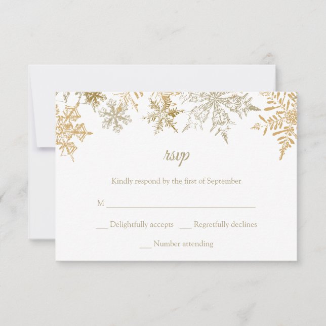 Gold Snowflakes Elegant Winter Wedding Christmas RSVP Card (Front)