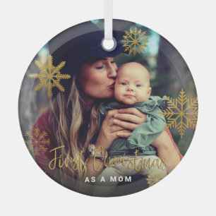 Gold Snowflakes First Christmas as a Mum Photo Glass Tree Decoration