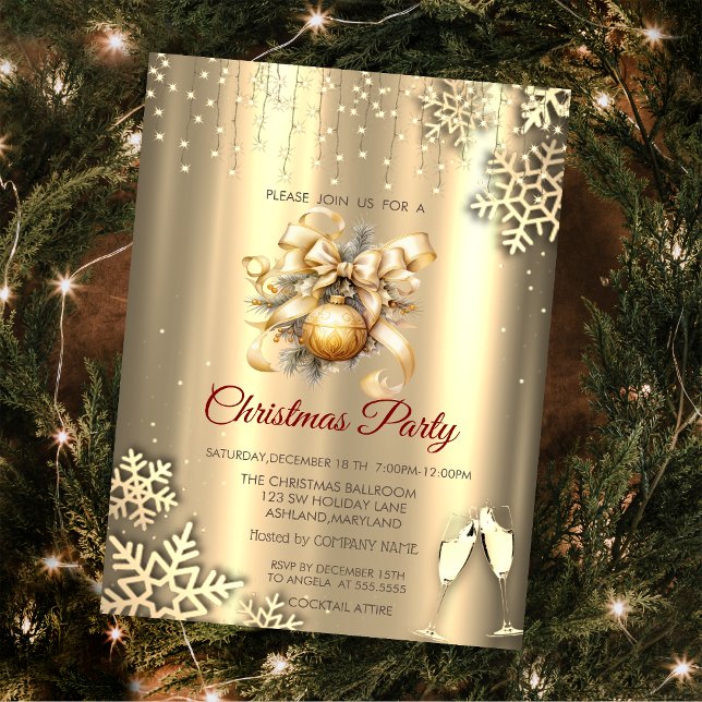 Gold Snowflakes,Glass Balls Bow Christmas Company Invitation (Creator Uploaded)