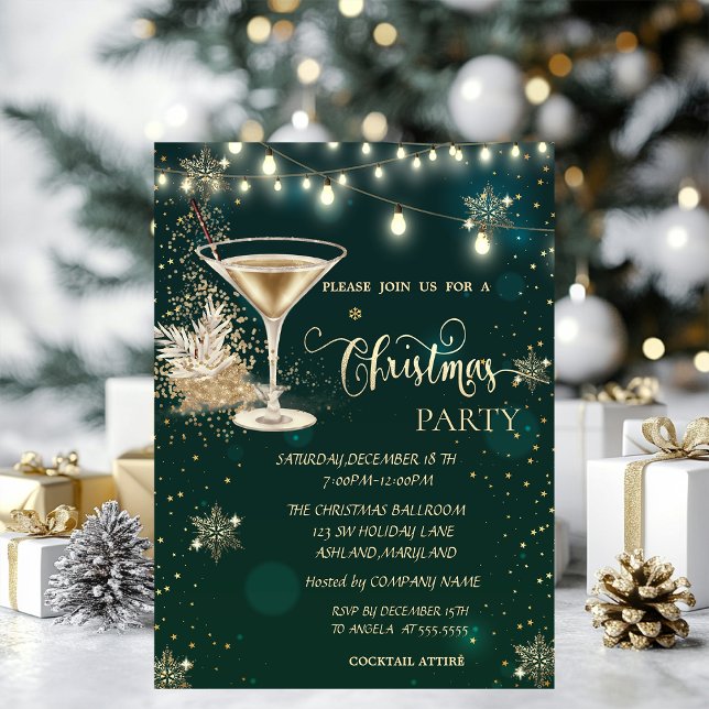 Gold Snowflakes,Glass,Lights Green Christmas  Invitation (Creator Uploaded)