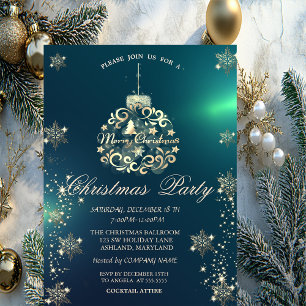 Gold Snowflakes,Gold Christmas Ball Green Company Invitation