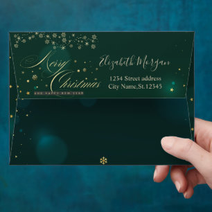Gold Snowflakes Green Merry Christmas Envelope
