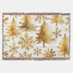 Gold Snowflakes Holiday Trees  Throw Blanket