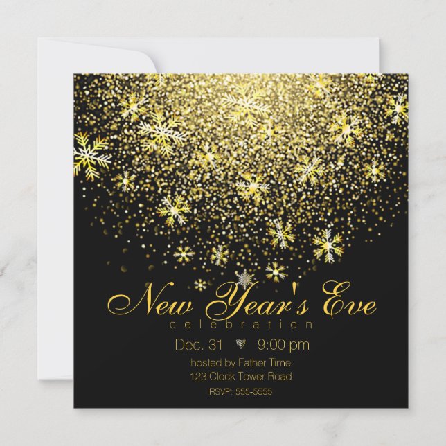 Gold Snowflakes on Black New Year's Eve Party Invitation (Front)