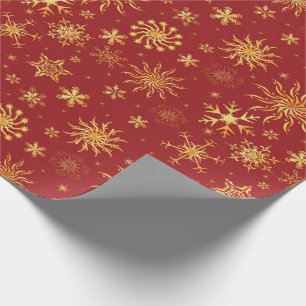 Gold Snowflakes on Dark Red Christmas Wrapping Paper