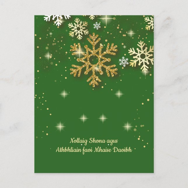 Gold snowflakes on green Irish Gaelic Christmas Holiday Postcard (Front)