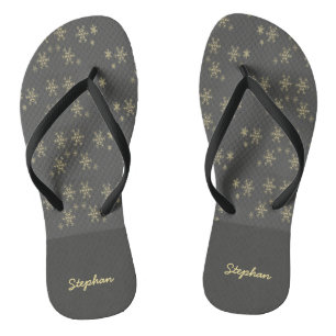 Gold snowflakes on grey jandals