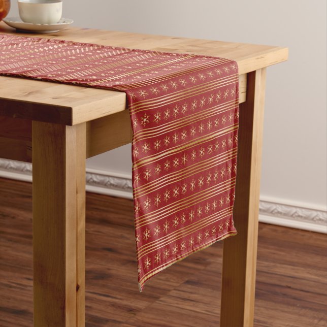 Gold Snowflakes on Red Christmas pattern Short Table Runner (In Situ)