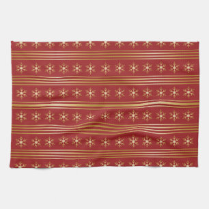 Gold Snowflakes on Red Christmas pattern Tea Towel