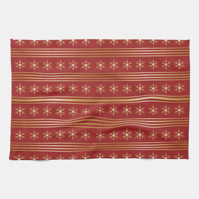 Gold Snowflakes on Red Christmas pattern Tea Towel (Horizontal)