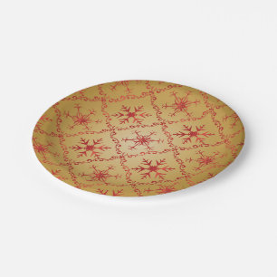 Gold Snowflakes on red pattern Christmas Paper Plate