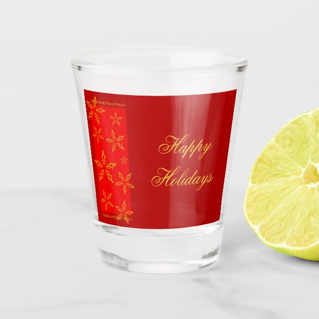 Gold Snowflakes on Red Shot Glass (Front)
