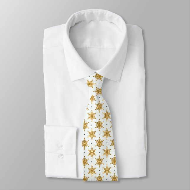 Gold Snowflakes on White Christmas / Winter Tie (Tied)