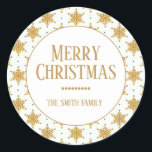 Gold Snowflakes on White Merry Christmas Hearts Classic Round Sticker<br><div class="desc">Gold snowflakes on white  "Merry Christmas" envelope seal sticker.  Personalised with your family name.</div>