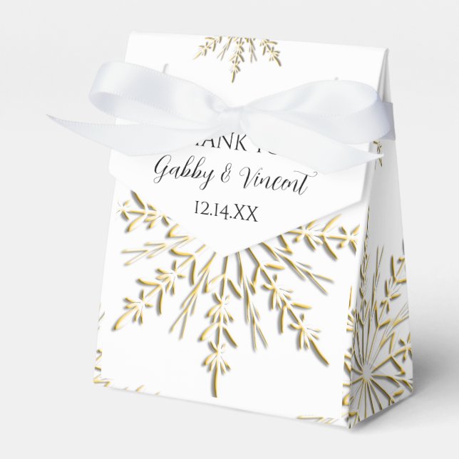 Gold Snowflakes on White Winter Wedding Favour Box (Front Side)