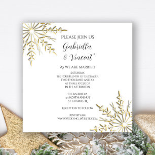 Gold Snowflakes on White Winter Wedding Invitation