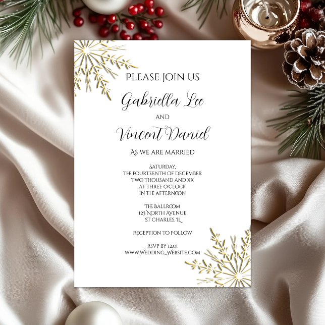 Gold Snowflakes on White Winter Wedding Invitation (Creator Uploaded)