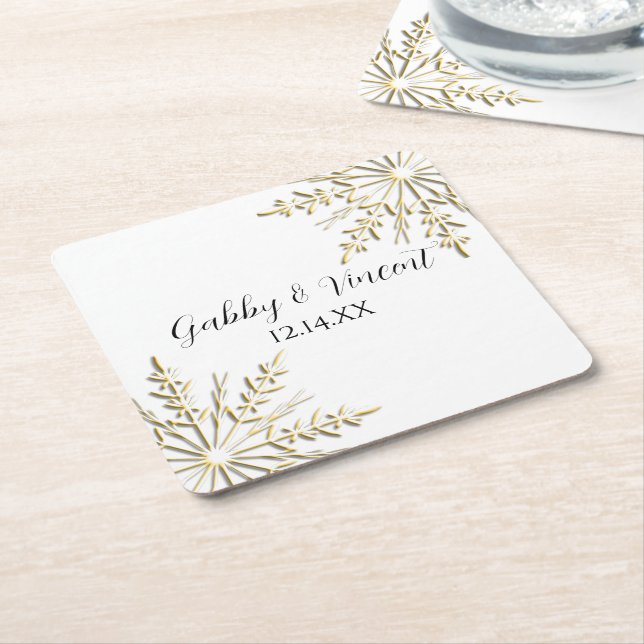 Gold Snowflakes on White Winter Wedding Square Paper Coaster (Angled)