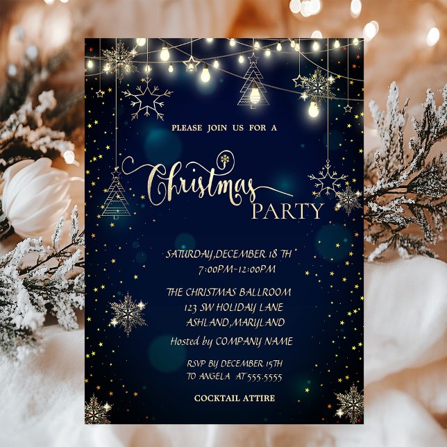  Gold Snowflakes,Ornaments,Lights Blue Christmas  Invitation (Creator Uploaded)