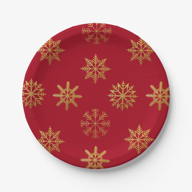 Gold Snowflakes Pattern Red Paper Plate (Front)