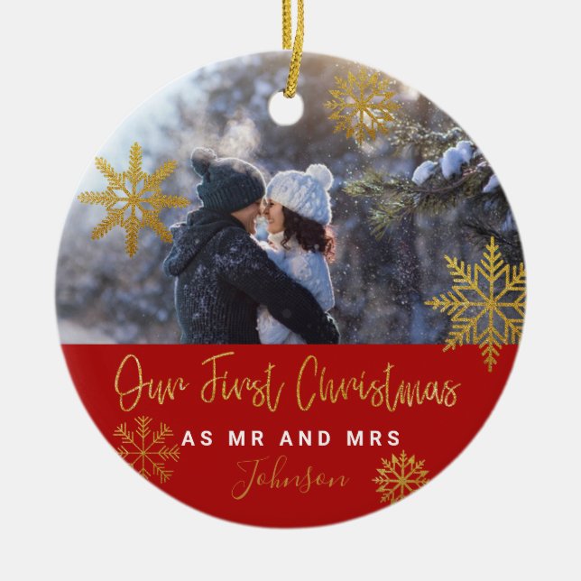 Gold snowflakes photo first Christmas as Mr Mrs Ceramic Tree Decoration (Front)