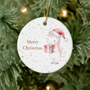 Gold Snowflakes Pink Hair Girl Unicorn Christmas Ceramic Tree Decoration