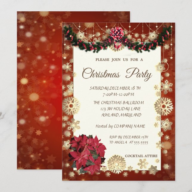 Gold Snowflakes,PoinsetiaCorporate Christmas Party Invitation (Front/Back)