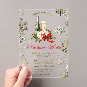 Gold Snowflakes,Poinsettia Wine Company Party Acrylic Invitations