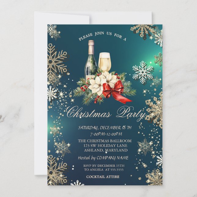 Gold Snowflakes,Poinsettia Wine Company Party Invitation (Front)