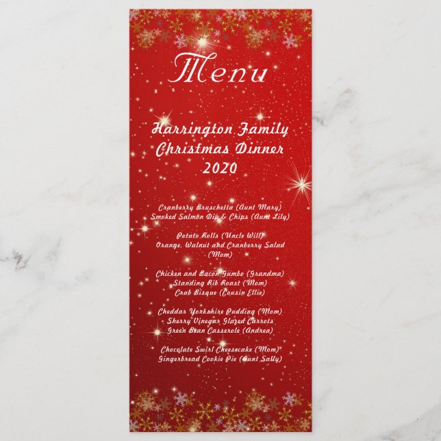 Gold Snowflakes Red Christmas Dinner Menu (Front)
