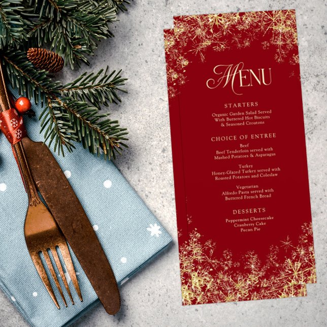 Gold Snowflakes Red Christmas Holiday Dinner Menu (Creator Uploaded)