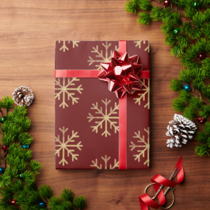 Gold Snowflakes Red Christmas Holiday Gift Wrapping Paper