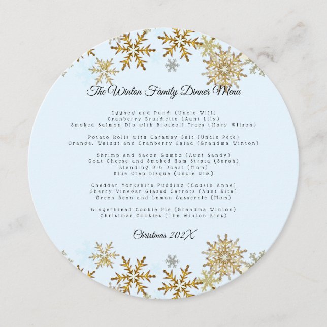 Gold Snowflakes Round Family Christmas Menu (Front)