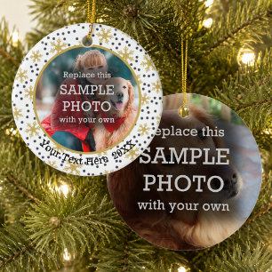 Gold Snowflakes, Two Photo, Two Sided Ceramic Tree Decoration