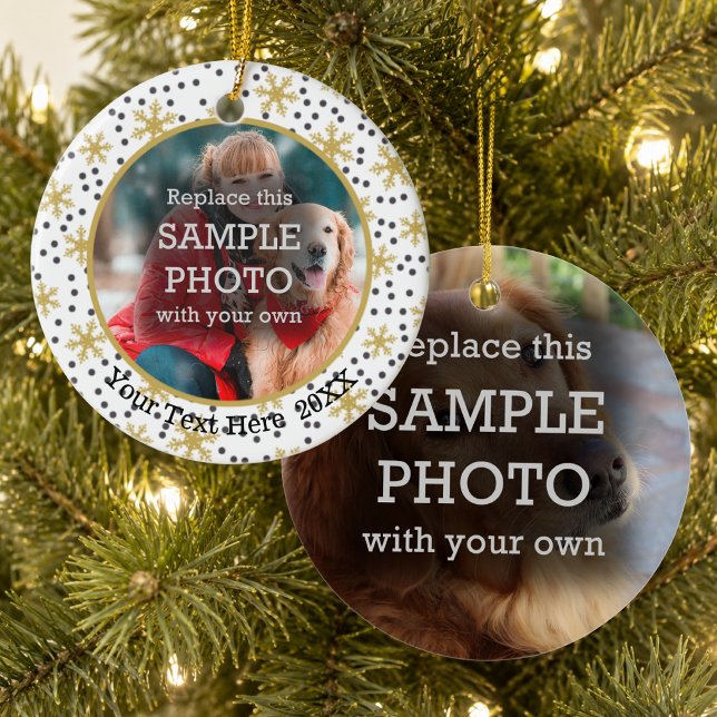 Gold Snowflakes, Two Photo, Two Sided Ceramic Tree Decoration (Creator Uploaded)