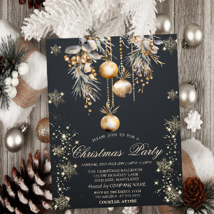 Gold Snowflakes,Vintage Balls Dark Company Party Invitation