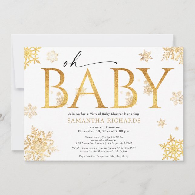 Gold snowflakes virtual baby shower gender neutral invitation (Front)