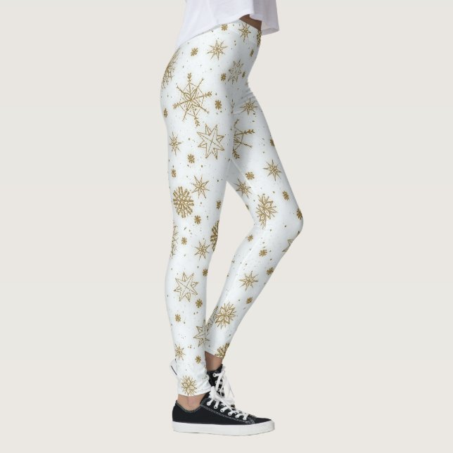 Gold Snowflakes White Design Leggings (Right)