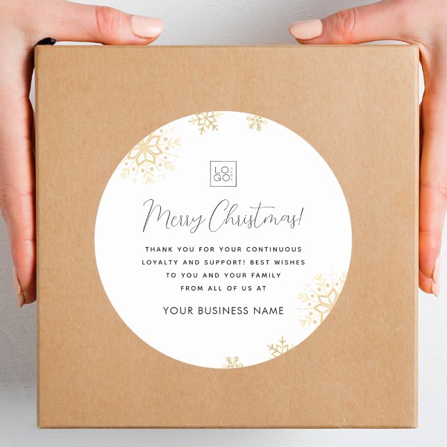 Gold Snowflakes Xmas Custom Business Logo Company Classic Round Sticker (Creator Uploaded)