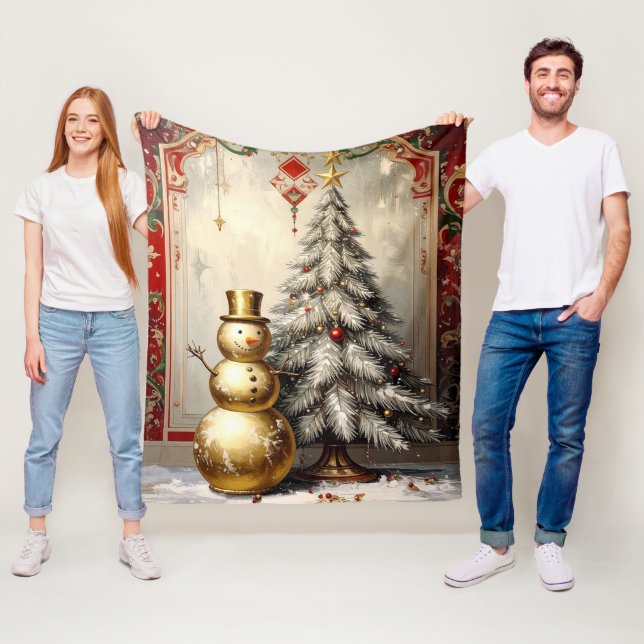 Gold Snowman Christmas Tree Fleece Blanket (In Situ)