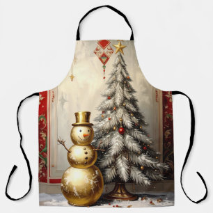 Gold Snowman Christmas Tree Holiday Apron
