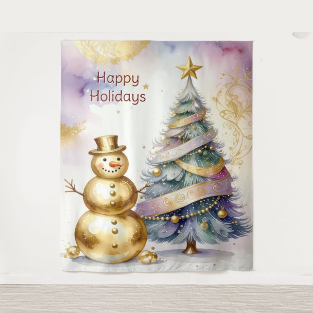 Gold Snowman Christmas Tree Holiday Backdrop Tapestry (Front)