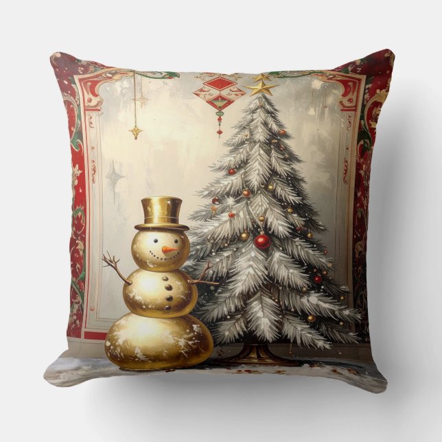 Gold Snowman Christmas Tree Holiday Cushion (Front)