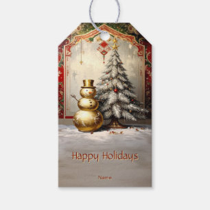 Gold Snowman Christmas Tree Holiday Gift Tag